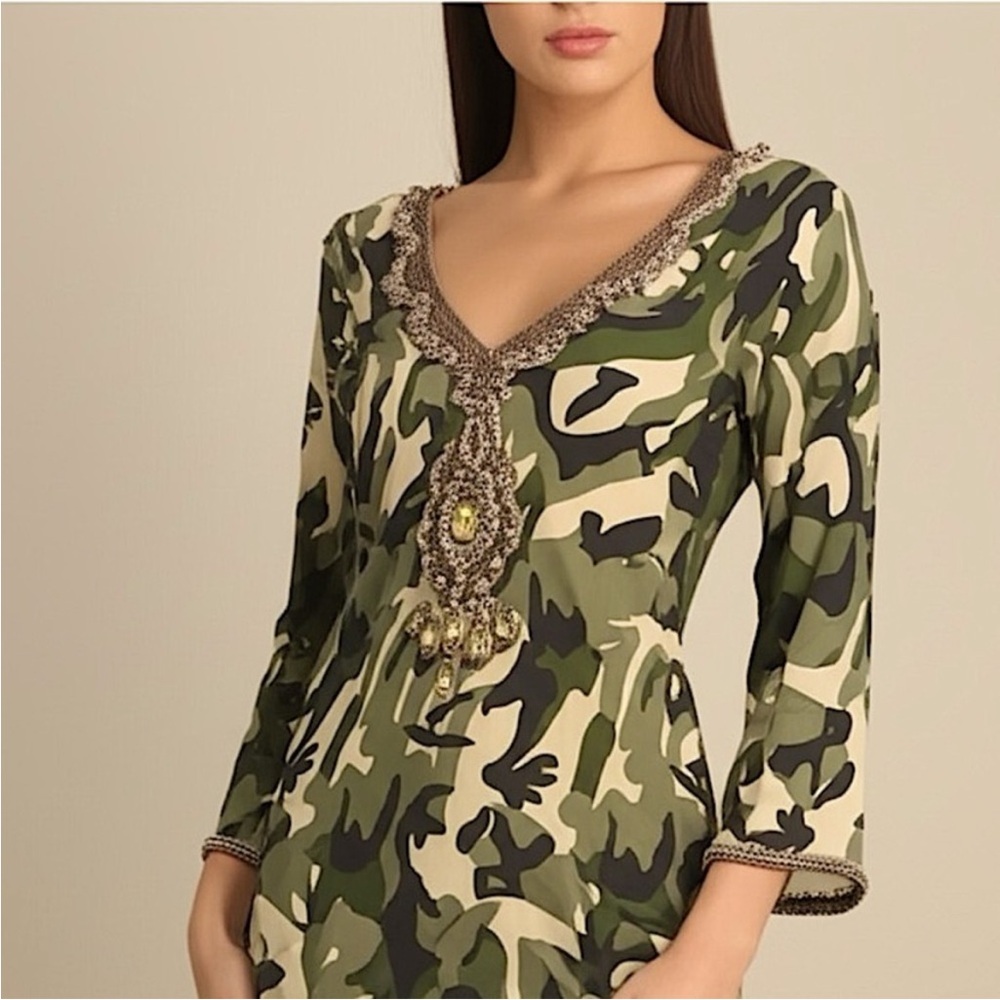 Anthropologie Beaded Trim Plunge Neck Camo Print Tunic Coverup Top Army Green M
